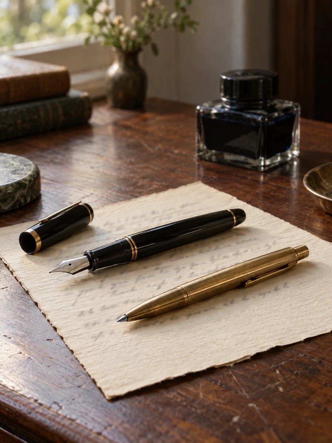 Pluma estilográfica y bolígrafo Valarte sobre una carta manuscrita